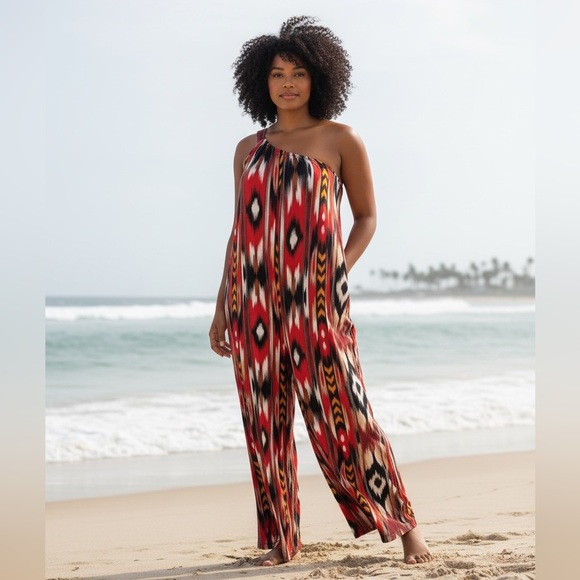ILLord Pants - ILLORD Black Rust White Print One-Shoulder Jumpsuit Vacation Cruise Plus Size